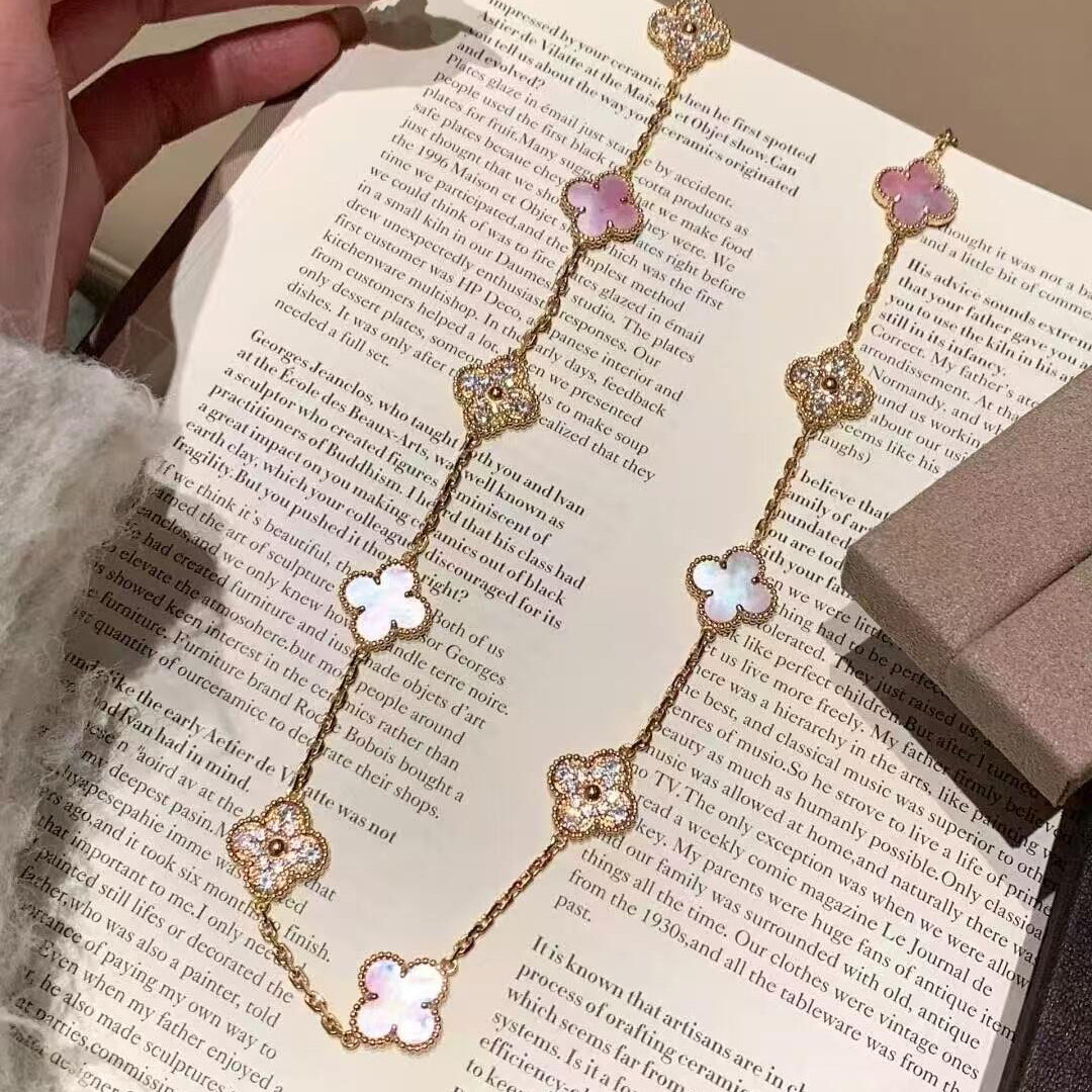 [AuraEcho]CLOVER 10 MOTIFS DIAMOND PINK MOP NECKLACE