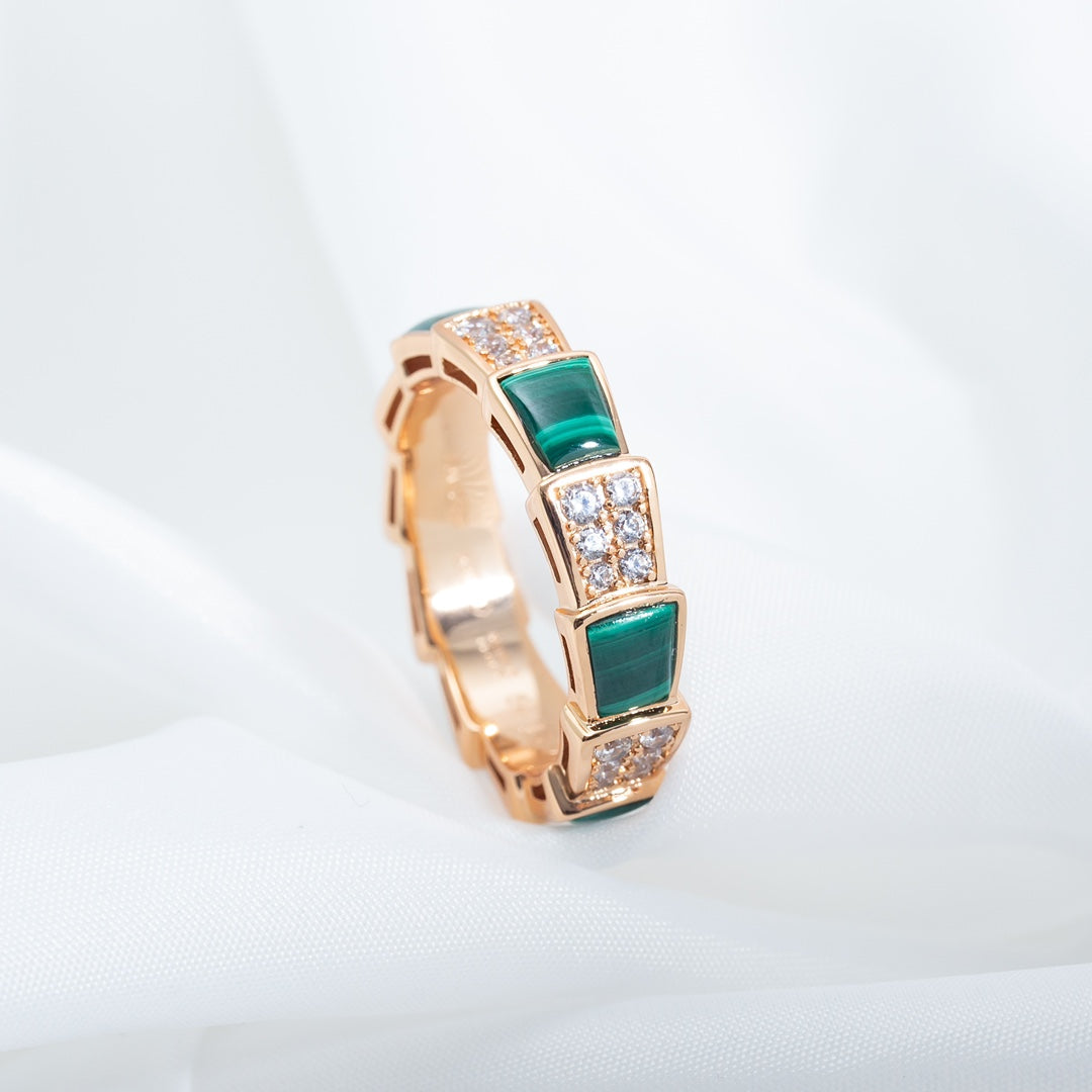 [AuraEcho]SERPENTI RING PINK GOLD MALACHITE DIAMOND PAVED 4MM