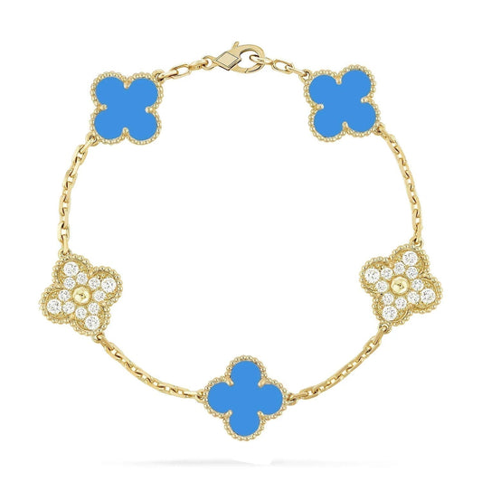 [AuraEcho]CLOVER 5 MOTIF BLUE CHALCEDONY DIAMOND GOLD BRACELET