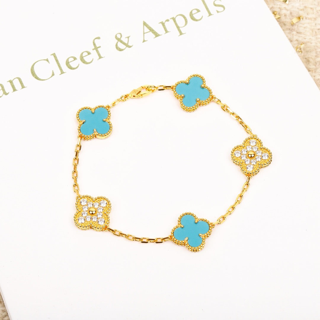 [AuraEcho]CLOVER 5 MOTIF TURQUOISE DIAMOND GOLD BRACELET
