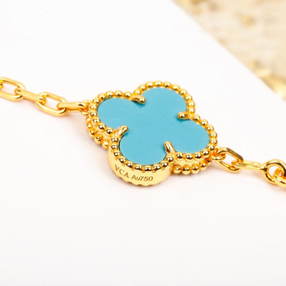 [AuraEcho]CLOVER 5 MOTIF TURQUOISE DIAMOND GOLD BRACELET