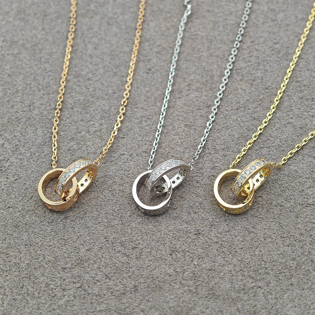 [AuraEcho]LOVE DOUBLE RING HALF DIAMOND NECKLACE