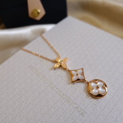 [AuraEcho]COLOR BLOSSOM LARIAT NECKLACE PINK GOLD WHITE MOTHER PEARL AND DIAMOND